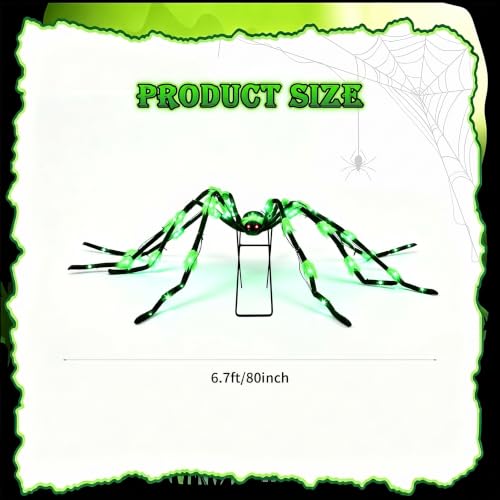 Green Light Up Halloween Giant Spider - 8 Modes, 80-Inch Wide Yard Decor