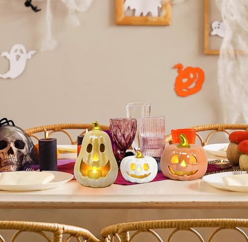Set of 3 Halloween Ceramic Pumpkin Tea Light Holders Jack O Lantern Decor