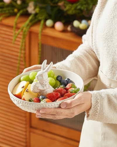 Easter Ceramic Bunny Candy Dish - Floral Decorative Bowl for Spring Celebrations, 8 Inch, Cream White