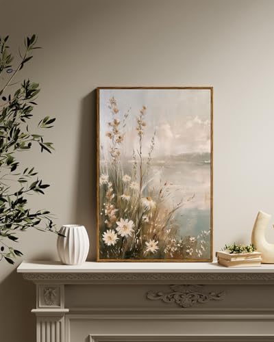 Wildflowers Lakescape Canvas Wall Art - Framed Landscape Decor, 24x16 Inches - Variation of Wildflowers Lakescape / 24L x 16W