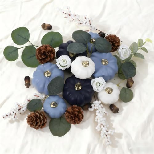 Artificial Fall Pumpkin & Eucalyptus Leaves Decor Set - Blue & White - 56 Pieces