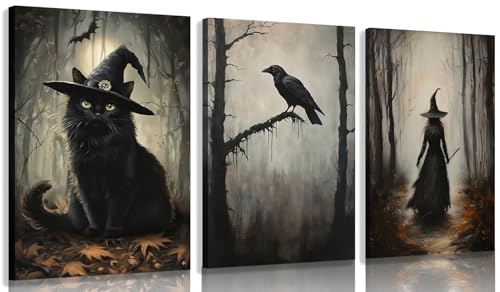 Halloween Wall Art Set Gothic Paintings Black Cat Crow Witch Canvas 16x12 Inches