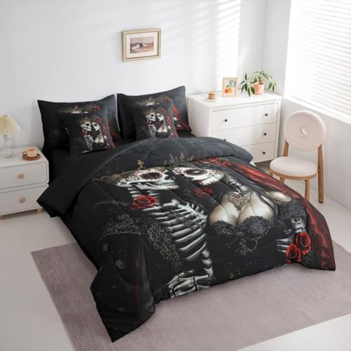 Black Red Queen Comforter Set with Sheets - Gothic Skeleton Bedding 7-Piece