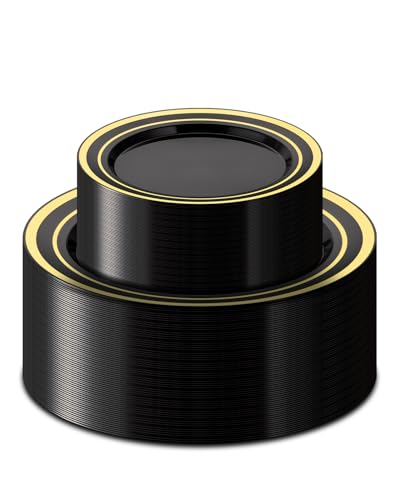 Black Plastic Dinner Plate Set with Gold Rim - 100PCS, Disposable & Reusable