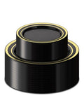 Black Plastic Dinner Plate Set with Gold Rim - 100PCS, Disposable & Reusable