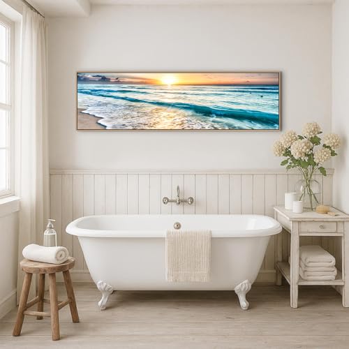 48-Inch Coastal Sunset Ocean Canvas Wall Art - Blue Seaside Landscape, Framed Home Decor