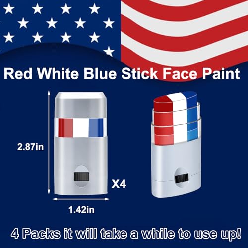 4-Pack Red White Blue Face Paint Sticks for 4th of July Body & Face Makeup
