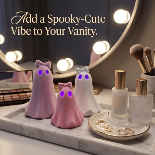 Pink Flocked Halloween Ghost Figurines Set with LED Timer - Cute Decor