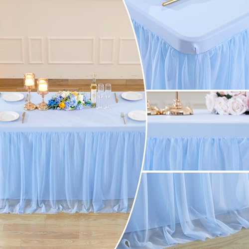 Baby Blue 6ft Rectangle Tablecloth with Ruffle Skirt - 2 Pack, Spandex & Tulle