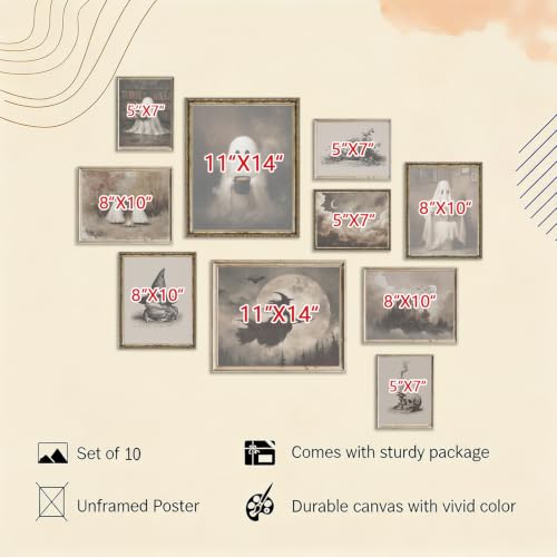 Ghost Halloween Wall Art Set - Cute Ghost Variation, Gothic Moody Decor, Unframed, 10 Pieces