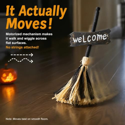Self-Moving Light Up Witch Broom with Spooky Music for Halloween Decor