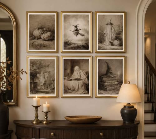 Sketch Halloween Wall Art Set - Unframed 16x12 Inches, Vintage Gothic Style