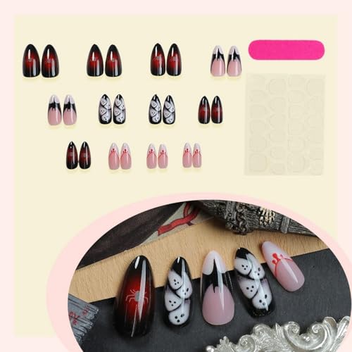 Halloween Short Almond Fake Nails with Blood Drip Bat & Ghost Designs - Style 30