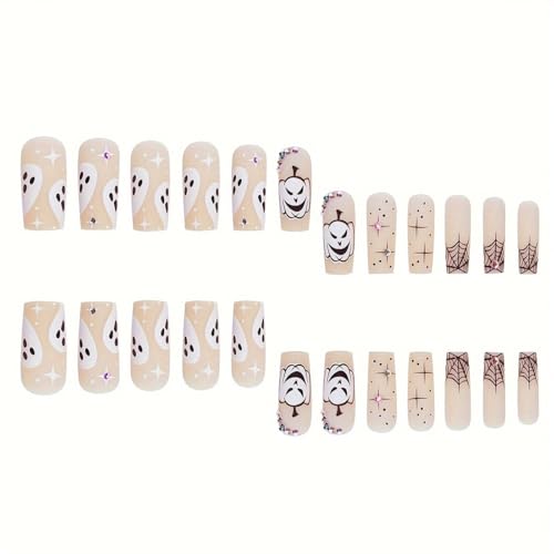 Halloween Press On Nails - Medium Square Fake Nails with Gem Rhinestones & Spider Web Design - Horror Ghost Variation 14
