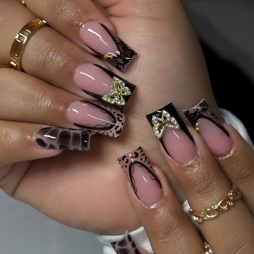 Black French Tip Press-On Nails with 3D Butterfly Rhinestones - Medium Square Style