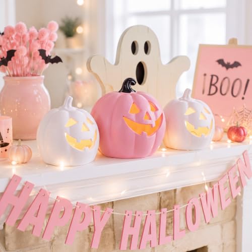 Pink Halloween Pumpkin Decor Set - 3 LED Lighted Flocked Resin Ornaments