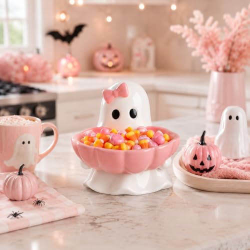 Pink Ghost Halloween Candy Bowl with Bow Ceramic Dish - Reallnaive