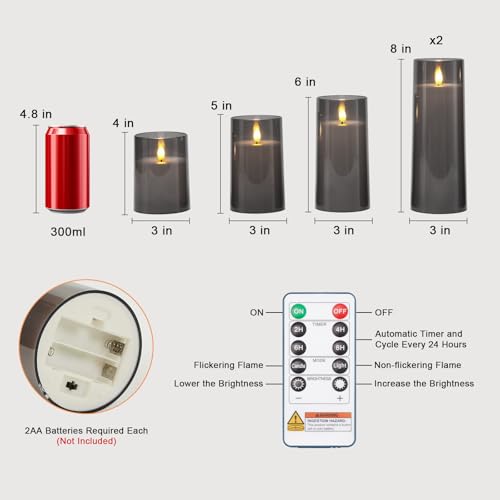 Flameless Candles Set of 5 with Remote Timer - Acrylic Flickering LED Pillar Candles for Christmas & Home Decor - Grey, Variation of THIS listing