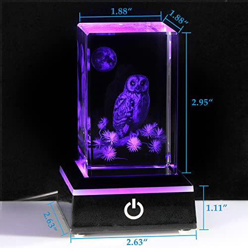 Owl Crystal Figurine with LED Light Base - 3D Laser Engraved Keepsake Gift - Variation: Owl