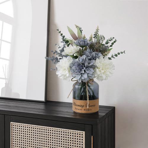 Fake Flowers in Vase - Blue Dahlias with Black Vase - Home Decor