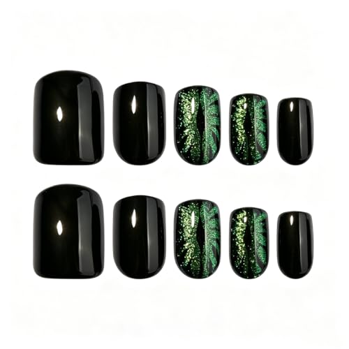 Halloween Square Press-On Nails with Sparkly Green Evil Eye - 24Pcs, Variation 27