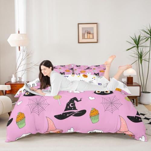 Multi 10 Pink Duvet Cover Set with Witch Hat & Spider Web Halloween Design - Full Size, No Comforter