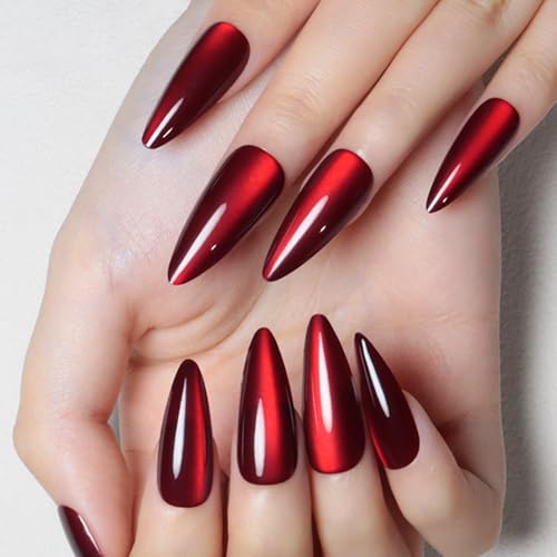 evpct 30Pcs Long Almond Dark Red Cat Eye Metallic Glitter Press-On Nails Set - 30 Ounce