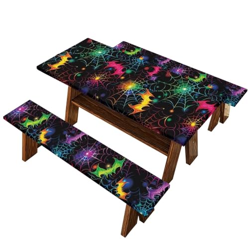 Halloween Bat Spider Web 8 Ft Picnic Table Cover and Bench Covers Set - Waterproof & Windproof, 3 Pieces