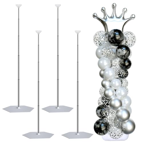 Silver Balloon Arch Stand Set of 4, Adjustable 7ft Metal Balloon Column for Party Decorations