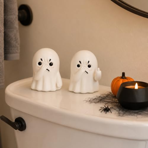 Funny Ghost Figurine Holding Nose - Halloween Decor with Middle Finger Variation