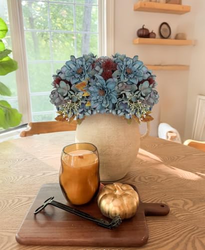 Artificial Fall Flower Bouquet 2 Pack - Blue Silk Dahlia Hydrangea Stems for Home Decor & Weddings