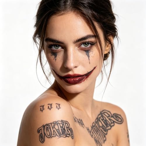 Halloween Joker Temporary Tattoos 4 Sheets Waterproof Face & Body Decals - Normal