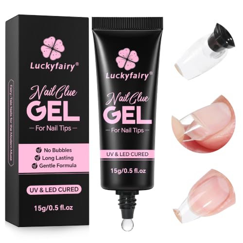 Luckyfairy Gel Nail Glue for Tips with Lamp Needed, 15ml, Clear Curing Adhesive for Extensions