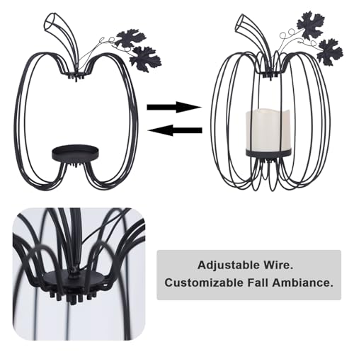 Black Pumpkin Lantern Candle Holder for Fall Decor, Indoor & Outdoor Wrought Iron