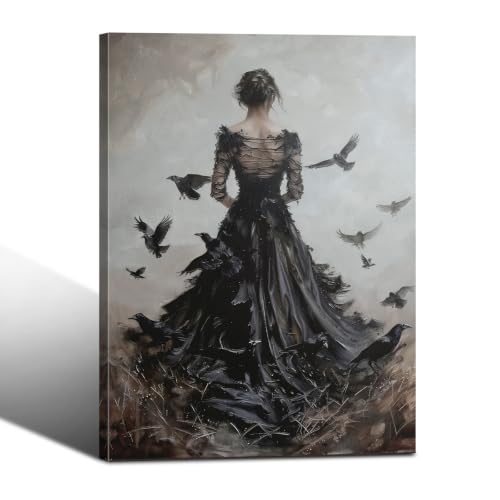 Dark Gothic Woman Canvas Wall Art with Crow Birds - Vintage Moody Poster for Living Room Bedroom Bar 16x24 Style-A