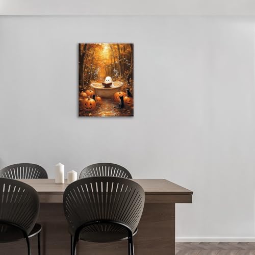 Halloween Wall Art - Fall Pumpkin Ghost Canvas Decor for Home & Office 16x12