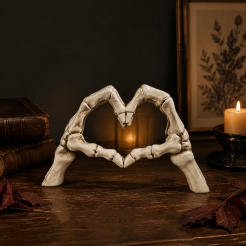White Skeleton Heart Hand Sculpture - Gothic Resin Halloween Decor - 9.1 Inch - Variation of Skeleton Gesture