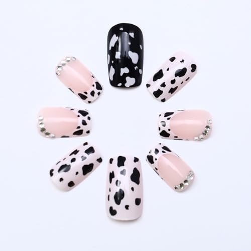French Tip Fake Nails Short Square with Glitter Rhinestones & Cow Print - Black & White Variation 34
