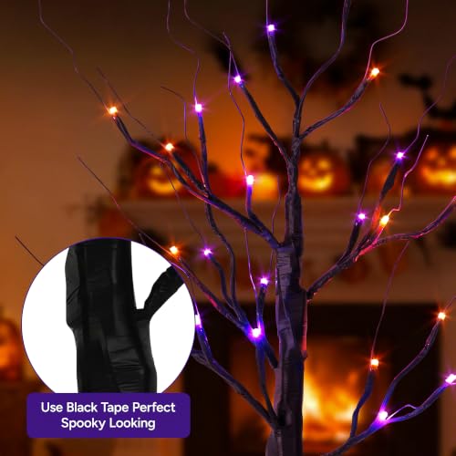Black Halloween Indoor Decor 2 Pack 2FT Lighted Birch Tree with Orange & Purple Lights