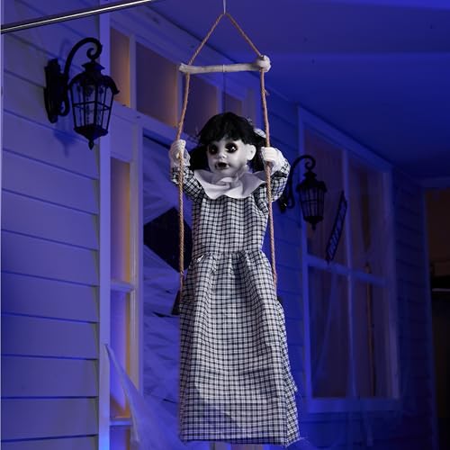 Halloween Outdoor Hanging Swing Girl Decor with Creepy Sound and Light-Up Eyes