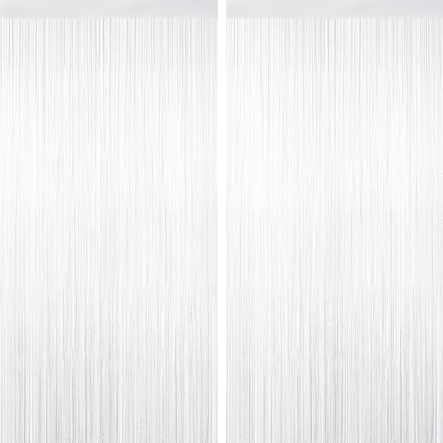White Tinsel Foil Fringe Curtains - 2 Pack Photo Backdrop Party Decor Variation of White