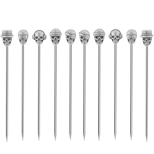 Skull Cocktail Picks - Reusable Olive Garnish Skewer Set, Antique Silver, 10 Pack
