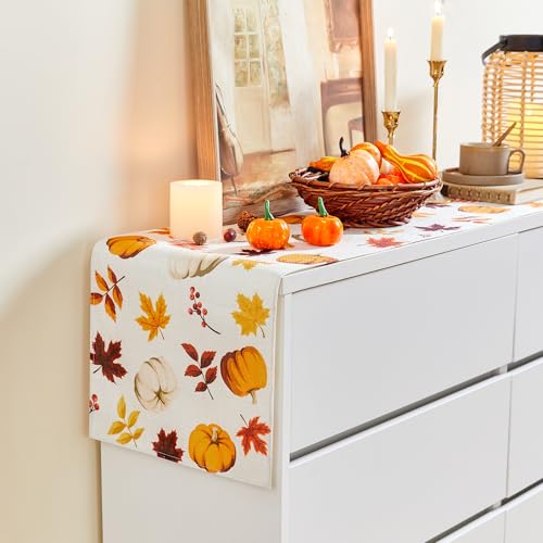 Fall Thanksgiving Table Runner - Rustic Pumpkin & Maple Leaves, Orange 13x36 Inch, Machine Washable