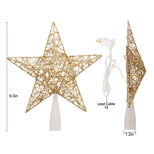 Gold Star Christmas Tree Topper with 10 LED Bulbs - 9 Inch Twined Metal Holiday Decoration - Plug-in