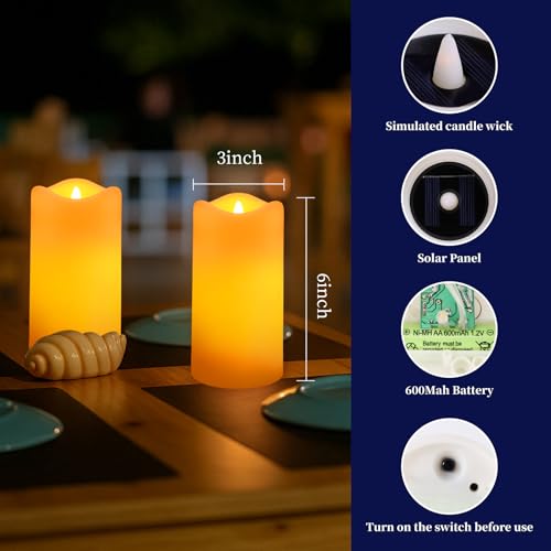 Large Solar Pillar Candles Outdoor Waterproof Flameless 4 Pack - D3 x H6 Inches