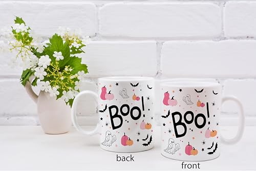 Pink Halloween Ghost Mug - 11oz Ceramic Coffee Tea Cup for Women & Girls - Variation White-7
