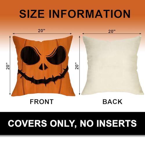 20x20 Inch Halloween Jack O Lantern Throw Pillow Cover - Spooky Face, Pack of 4