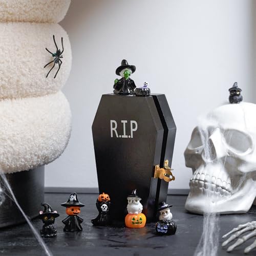 Halloween Miniature Figurines Set - Coffin & Witch Owl Skeleton Pumpkin Decor - Variation of Hat & Witch & Owl