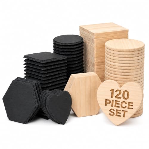 Unfinished Slate and Wood Coaster Set for DIY Crafts - 120 Pcs