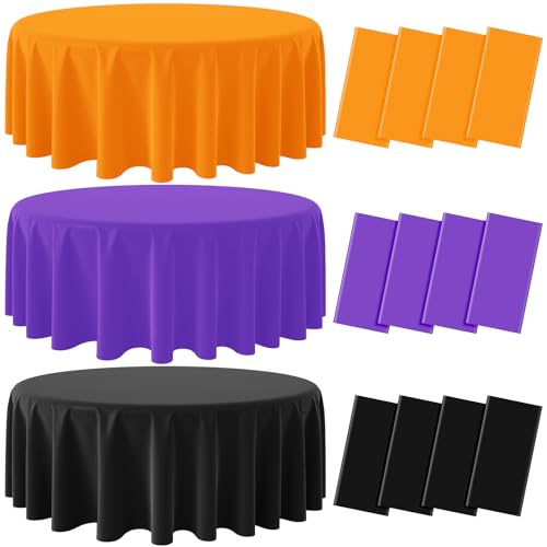 84 Inch Round Halloween Plastic Tablecloth Set - Purple Black Orange, 12 Pack - Witch Vampire Party Decorations